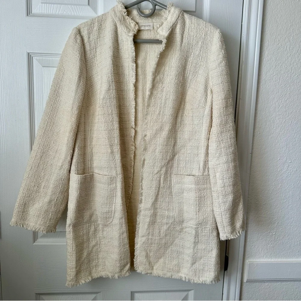 Chico’s Cream Fringe Tweed Open Front Jacket Size 1 (approx. Medium) - Picture 2 of 6